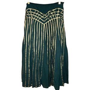 Cute‎ Options Green Maxi Skirt Medium Gold Metallic Stripe Boho Bollywood Party